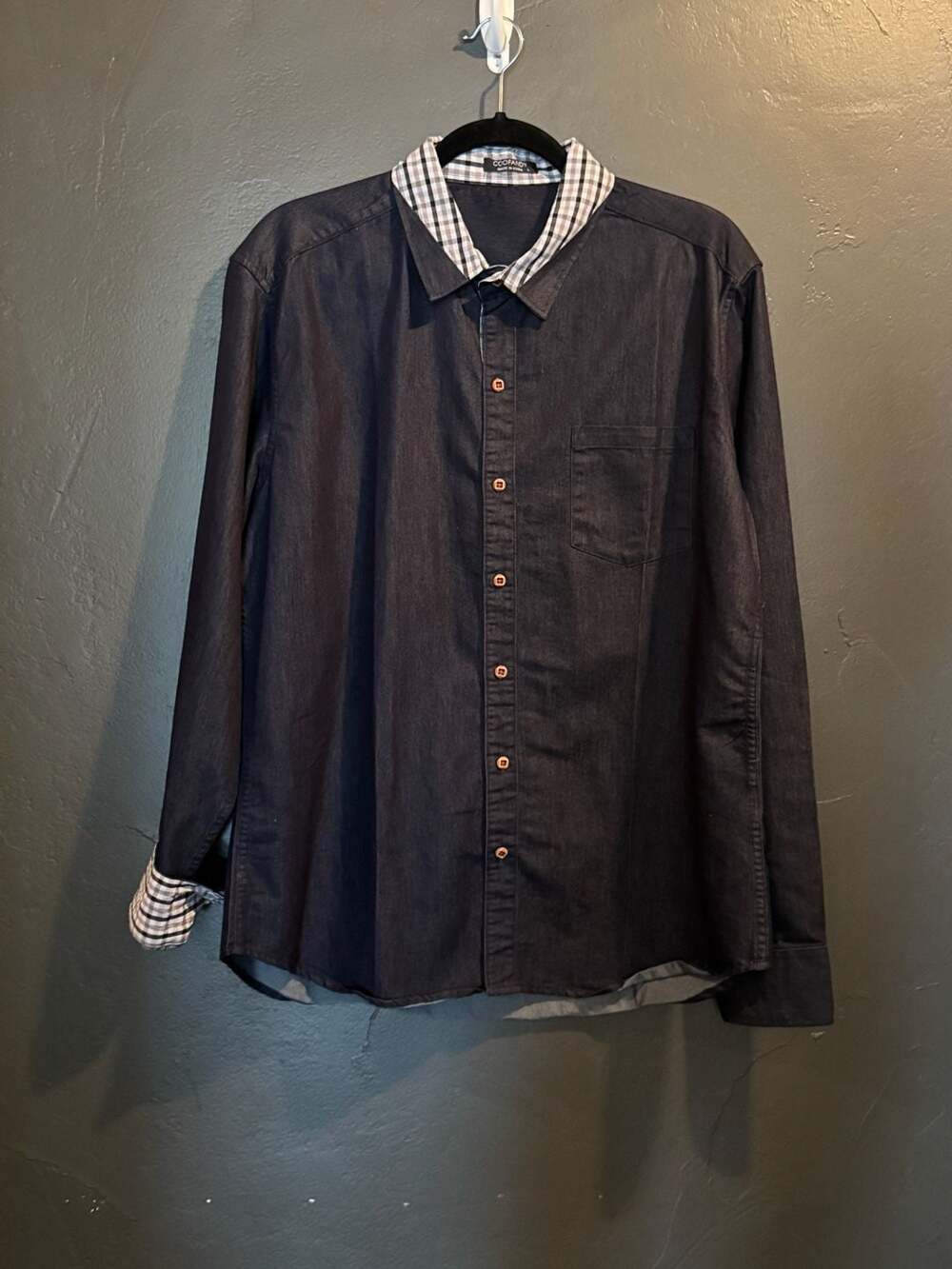 COOFANDY Men L Shirt Button Down Shirt Black Denim Accent Cuff